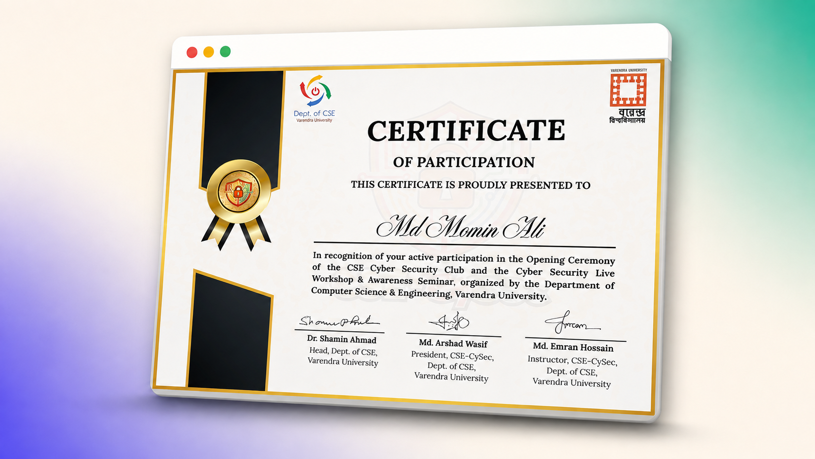 Cyber Security Live Workshop and Awareness Seminar participation certificate awarded to Md Momin Ali