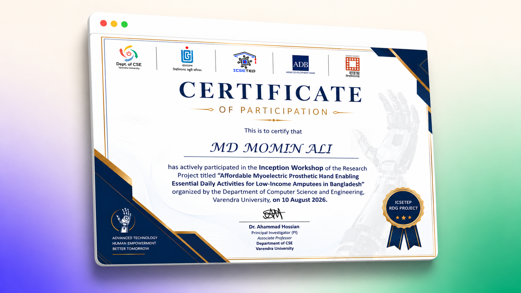 ICSETEP RDG Project inception workshop participation certificate awarded to MD Momin Ali by Varendra University
